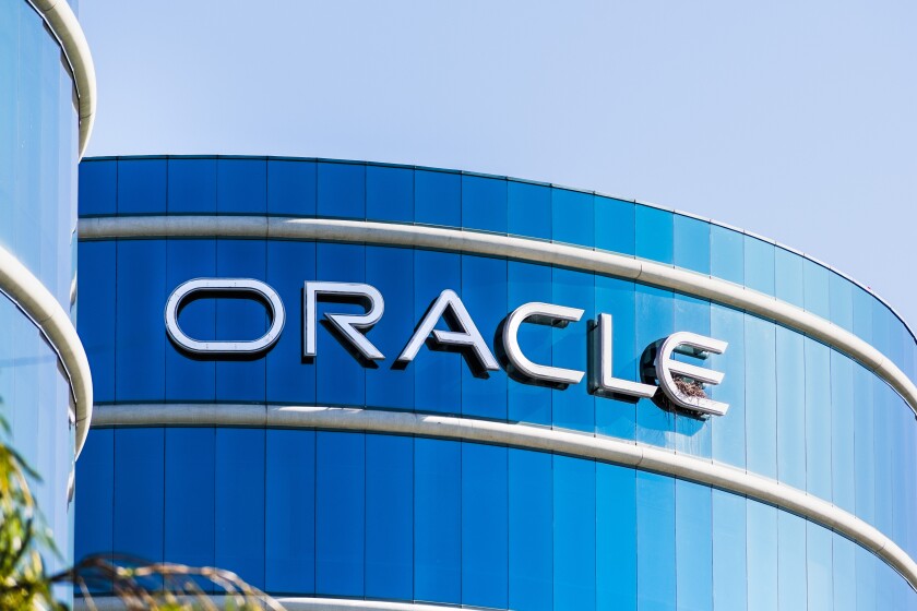 August 1, 2019 Redwood City / CA / USA - Oracle logo at their HQ in Silicon Valley; Oracle Corporation is a multinational computer technology company specializing in database management systems